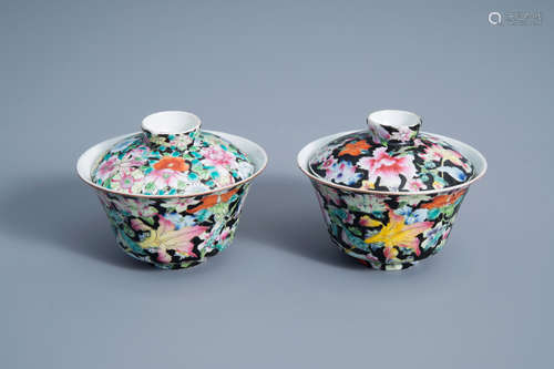 A pair of Chinese famille rose 'millefleurs' bowls and cover...