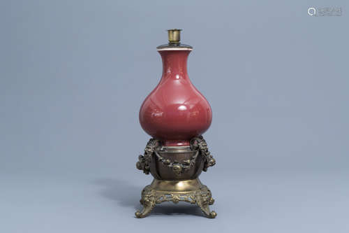 A Chinese monochrome sang de boeuf lamp-mounted vase, Qianlo...