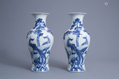 A pair of Chinese blue and white 'phoenix' vases, Republic, ...