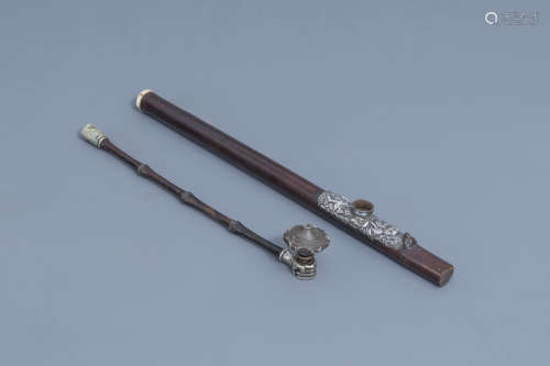Two Chinese bamboo opium pipes finished with silver, jade, i...