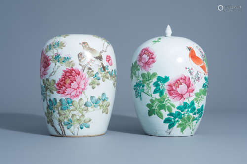 Two Chinese qianjiang cai jars with birds among flower branc...