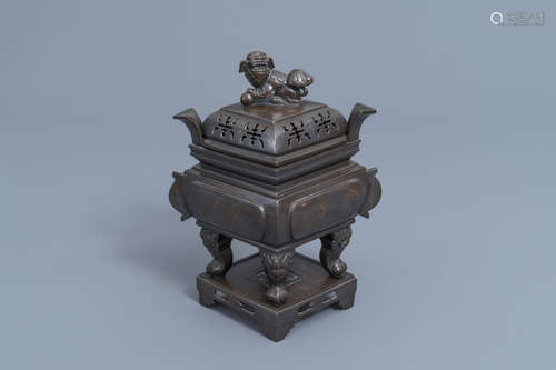 A Chinese inlaid bronze lozenge shaped incense burner and co...