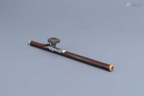A Chinese bamboo opium pipe with silver saddle, ivory mouthp...