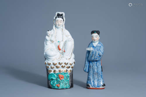 Two Chinese porcelain figures of Guanyin and of a scholar, R...