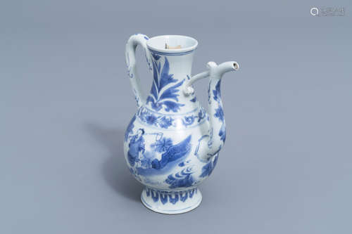 A Chinese blue and white ewer with figures in a landscape, T...