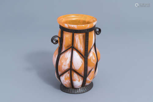 A French glass and wrought iron Art Deco vase, probably Verr...