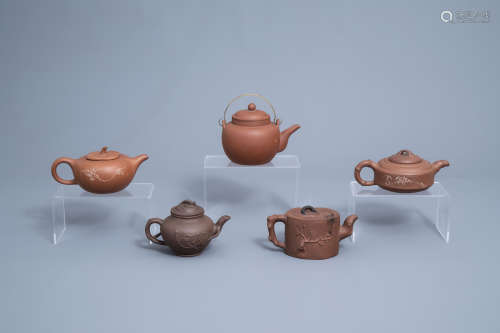 Five Chinese Yixing stoneware teapots and covers, 20th C.