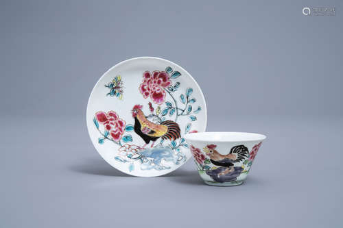 A Chinese famille rose 'rooster' cup and saucer, Yongzheng