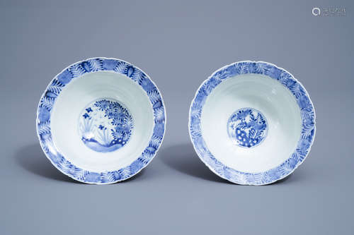 Two Japanese blue and white Arita bowls with floral design, ...