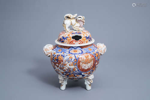 A large Japanese Imari incense burner or koro with birds amo...