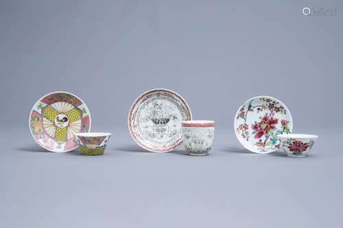 Three various Chinese famille rose and grisaille cups and sa...