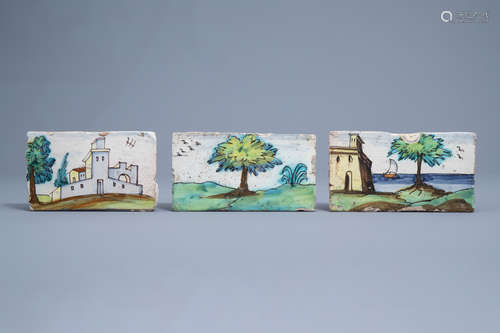 Three polychrome Spanish border tiles with landscapes, Talav...