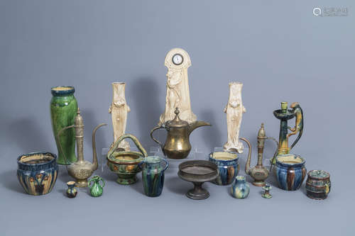 A collection of Flemish pottery, an Art Nouveau garniture, t...