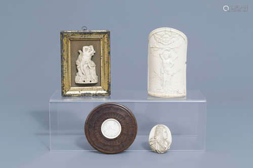 Two French ivory portrait medallions and two pax christi, 19...