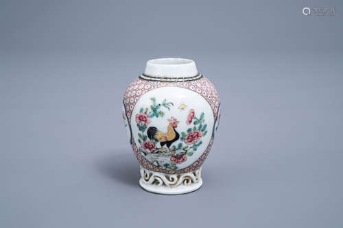 A Chinese famille rose 'rooster' tea caddy, Yongzheng