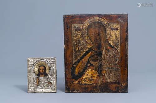 Two Russian icons, 'John the Forerunner' and 'Christ Pantocr...