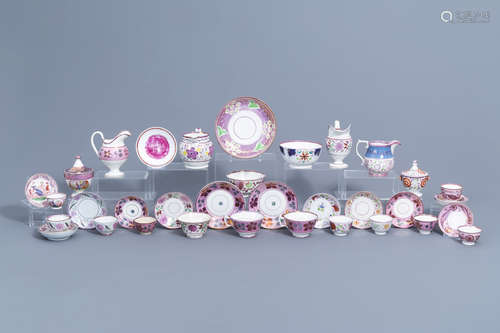 A varied collection of English pink lustreware items, 19th C...