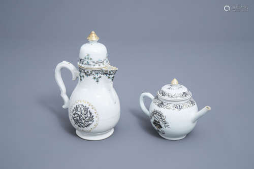 A Chinese grisaille and gilt teapot and coffee pot with flor...