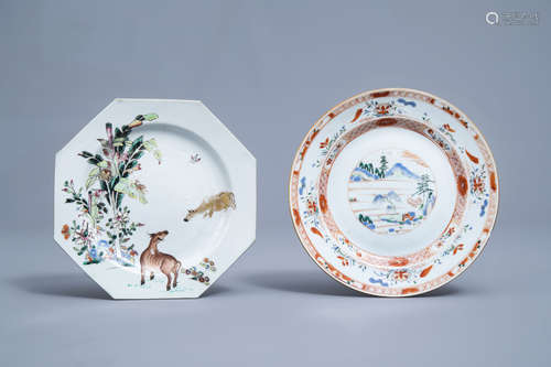 A Chinese octagonal famille rose plate with buffalo and a ve...