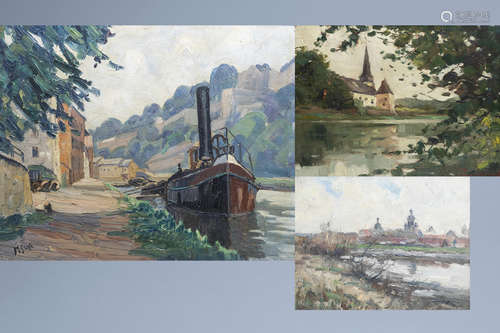 Belgian school: Three views on the Meuse, oil on panel and b...