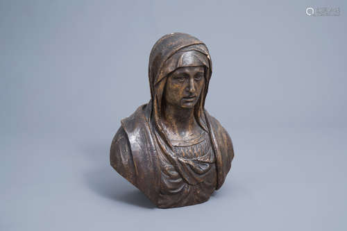 A patinated carved wooden bust of the Mother of Sorrows, Ita...