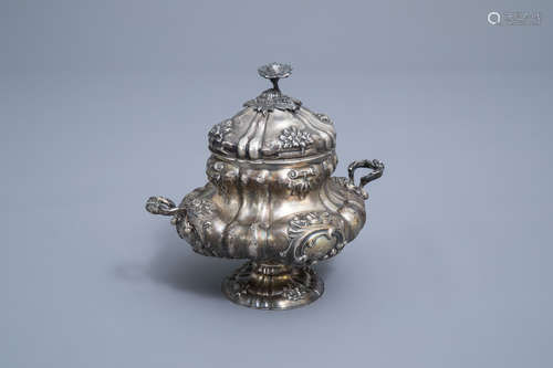 A Belgian silver sugar bowl with relief design, mark Wolfers...