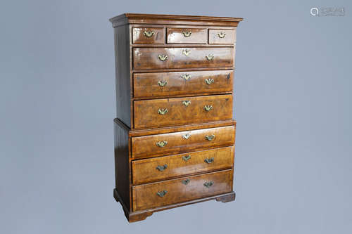 A George I walnut featherbanded chest-on-chest or tallboy, f...