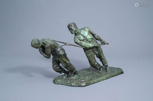 Victor Demanet (1895-1964): 'Les haleurs', green patinated b...