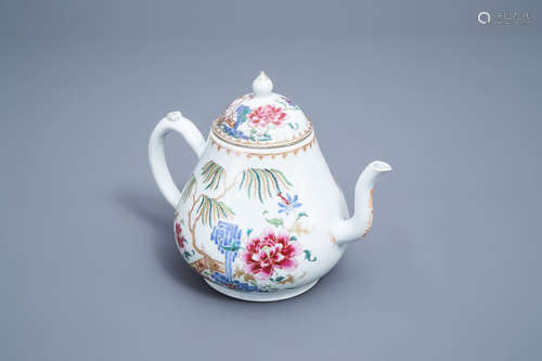 A large Chinese famille rose teapot and cover with floral de...