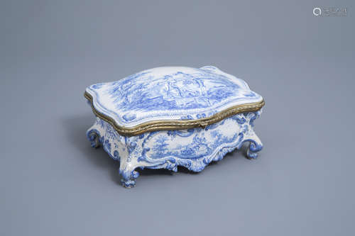 A blue and white Delft style gilt mounted box and cover, Jea...