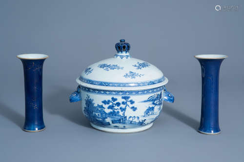 A pair of Chinese powder blue vases and a blue and white tur...