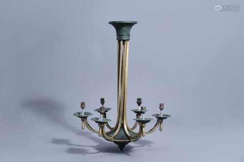 A French Petitot Art Deco gilt and patinated three-light cha...