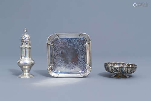 An English silver caster, a bowl on foot and a platter, vari...