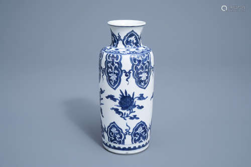 A Chinese blue and white rouleau vase with floral design, Ka...