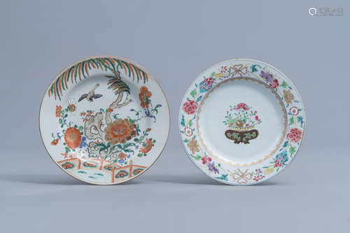 A Chinese verte-Imari plate and a famille rose plate with un...