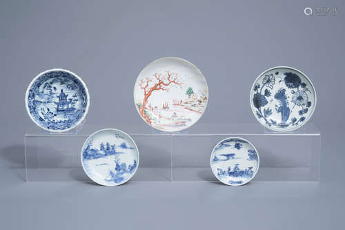 Four various Chinese blue, white and famille rose saucers an...