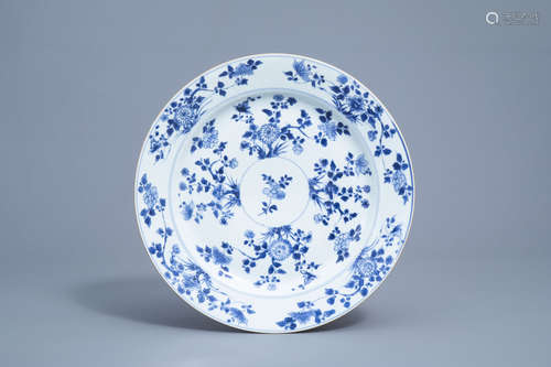 A Chinese blue and white charger with floral design, Kangxi