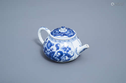 A Chinese blue and white teapot and cover with floral design...