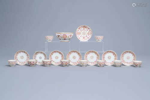 A 19-piece Chinese famille rose and gilt service with floral...