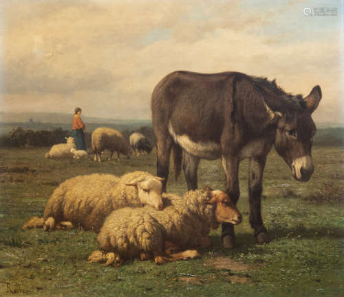 Louis Robbe (1806-1887): Sheep and a donkey in a pasture, oi...