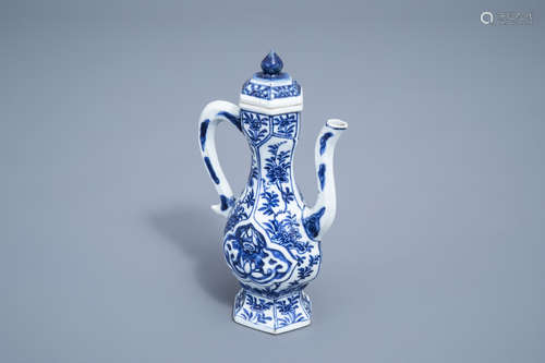 A Chinese blue and white ewer and cover with floral design, ...