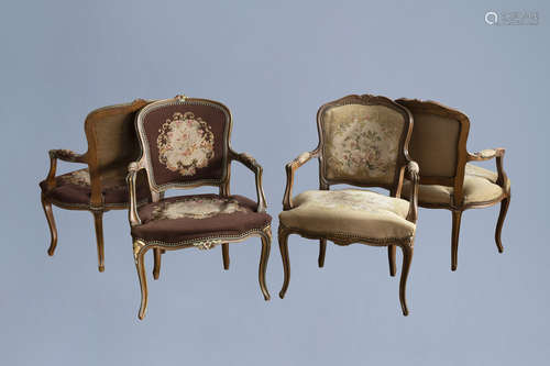 Four French Louis XV style wooden arm chairs with embroidere...