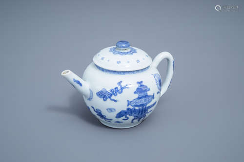 A Chinese blue and white teapot and cover with antiquities d...