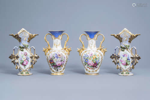 Two pairs of French polychrome and gilt decorated old Paris ...