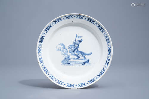 A blue and white pottery plate with a warrior on a griffin, ...