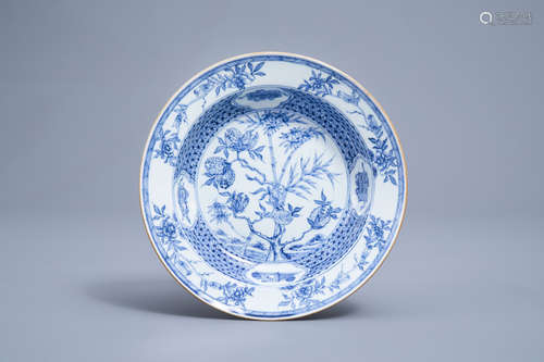 A Chinese blue and white deep plate with floral design, Yong...