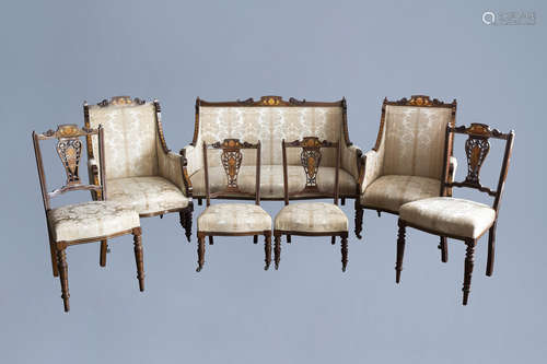 An English seven-piece mahogany salon set with inlay and flo...