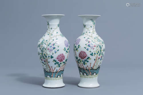 A pair of Chinese famille rose vases with floral design, Hon...