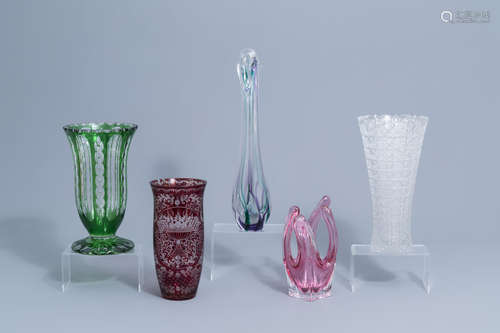 Five overlay crystal cut and glass vases, a.o. Val Saint Lam...