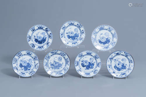 Seven Chinese blue and white plate with lotus flowers, Yongz...